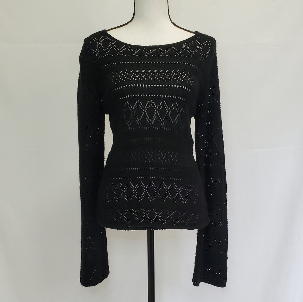 Worthington Black Crochet Knit Long Sleeve Top